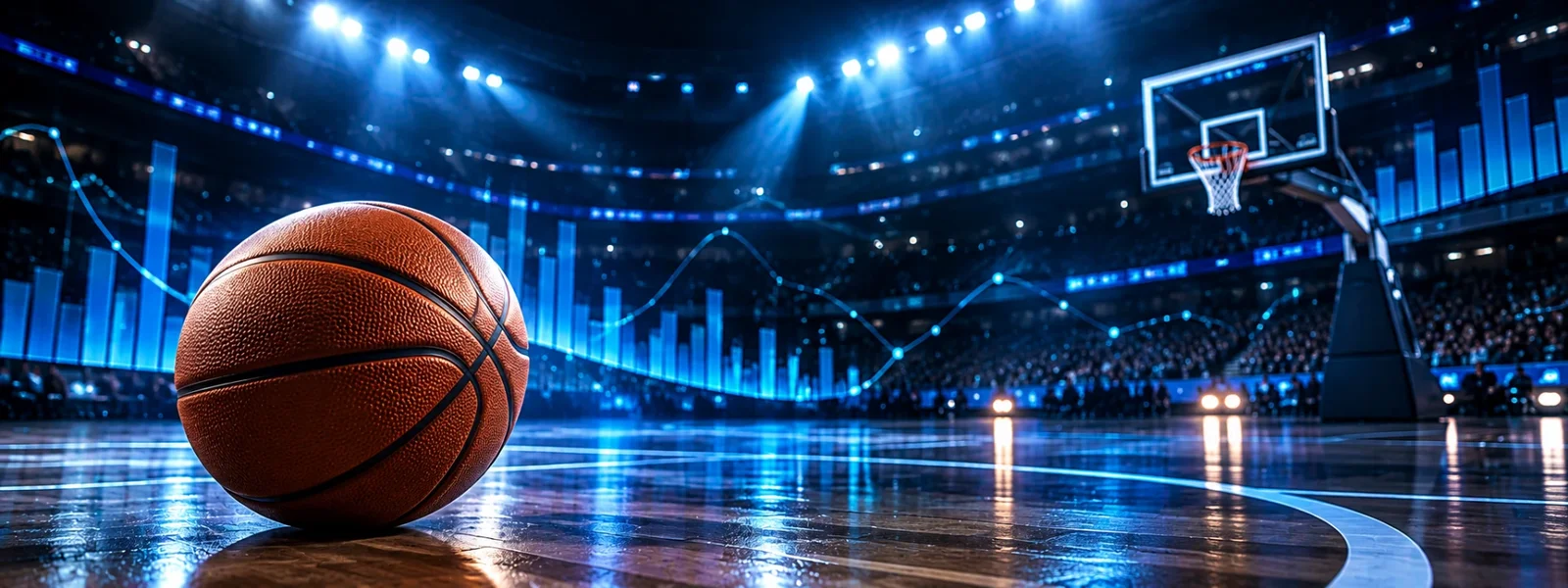 Basketball on an arena court with blue analytical charts and a hoop in the background.