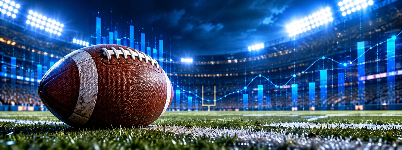 American football on the field beneath stadium lights with illustrative blue analytics charts.