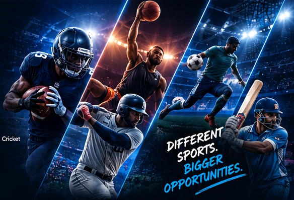 Football, basketball, baseball, soccer and cricket athletes in action