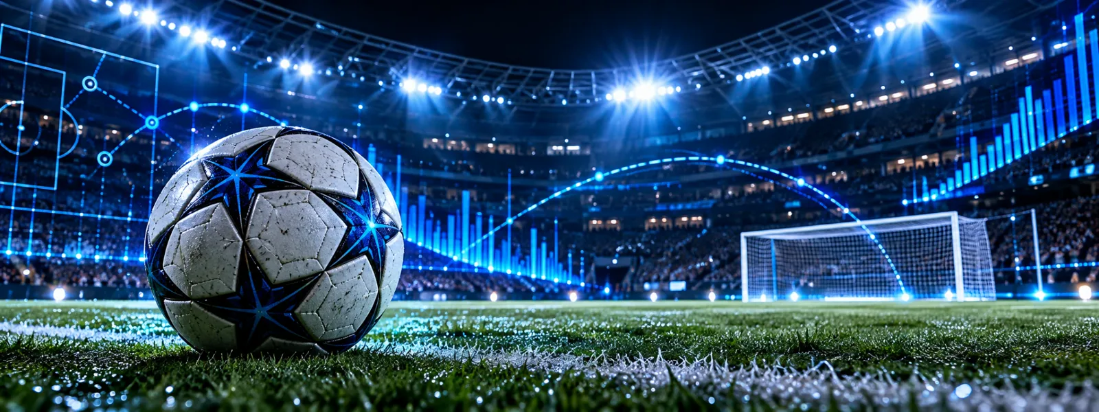 Soccer ball on a stadium pitch with a goal and glowing blue analytical charts in the background.