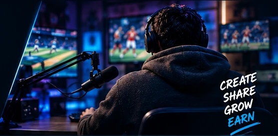 Sports content creator at a multi-screen editing desk
