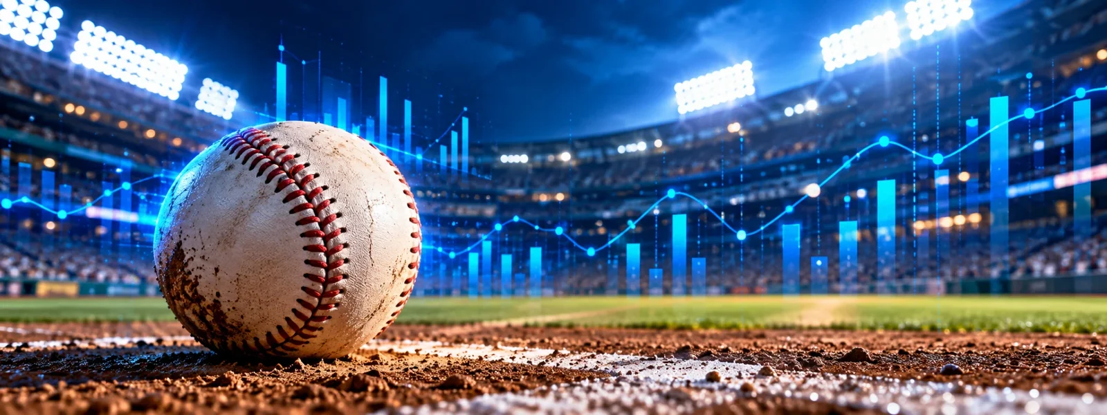 Baseball on the infield beneath stadium lights with illustrative blue analytics charts.