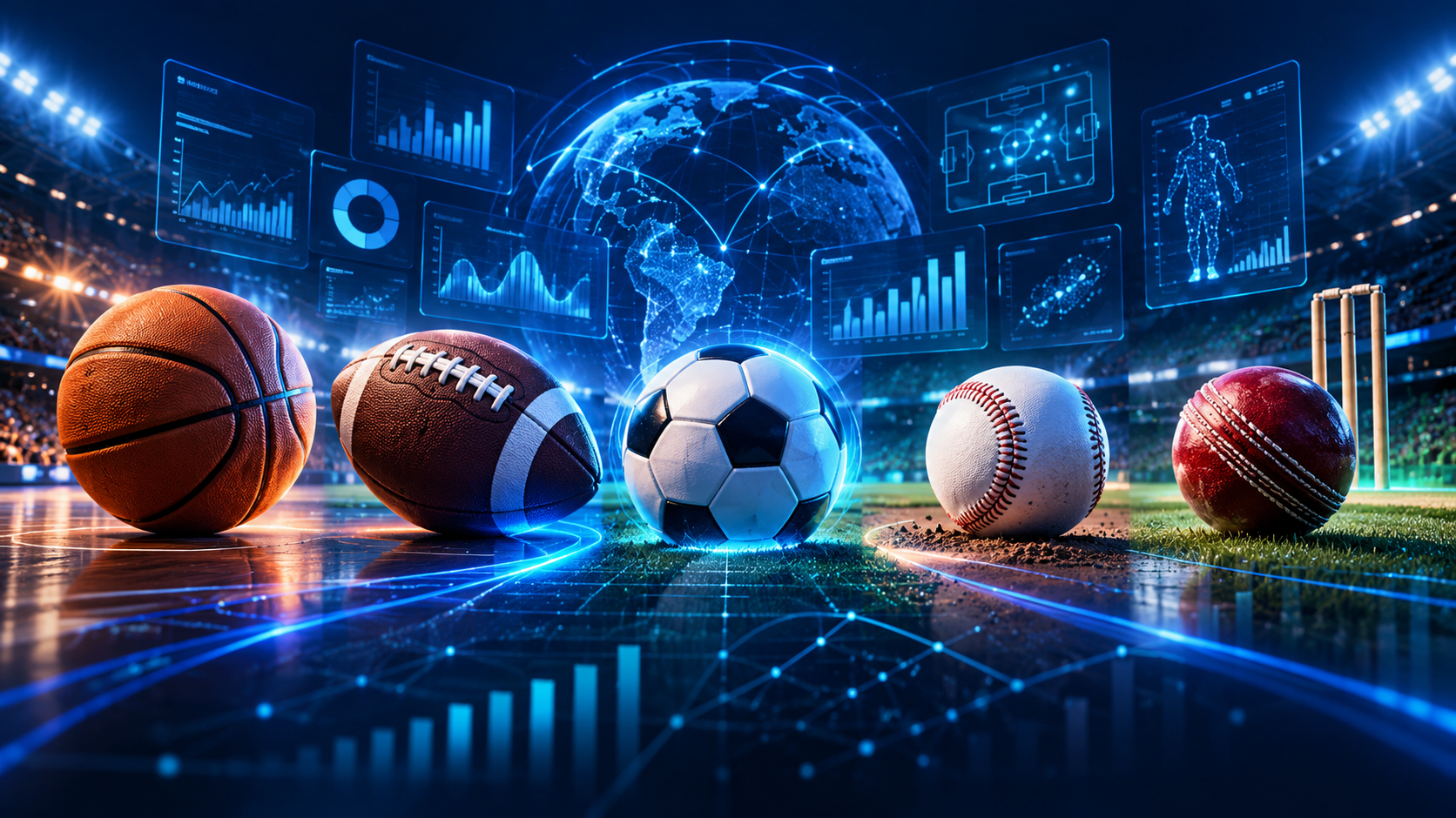 Basketball, American football, soccer ball, baseball and cricket ball in front of glowing sports data charts
