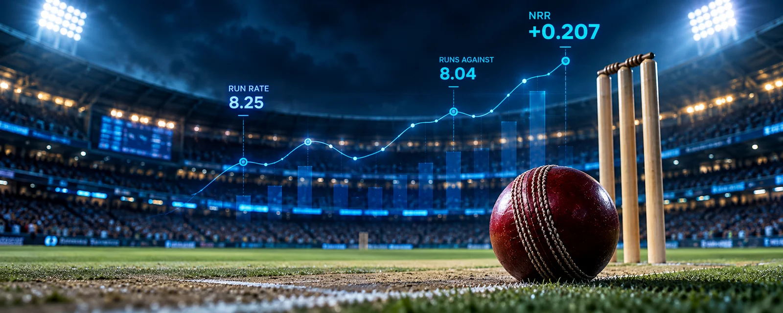 Cricket ball and stumps under stadium lights with illustrative scoring rate 8.25, conceding rate 8.04 and net run rate +0.207.