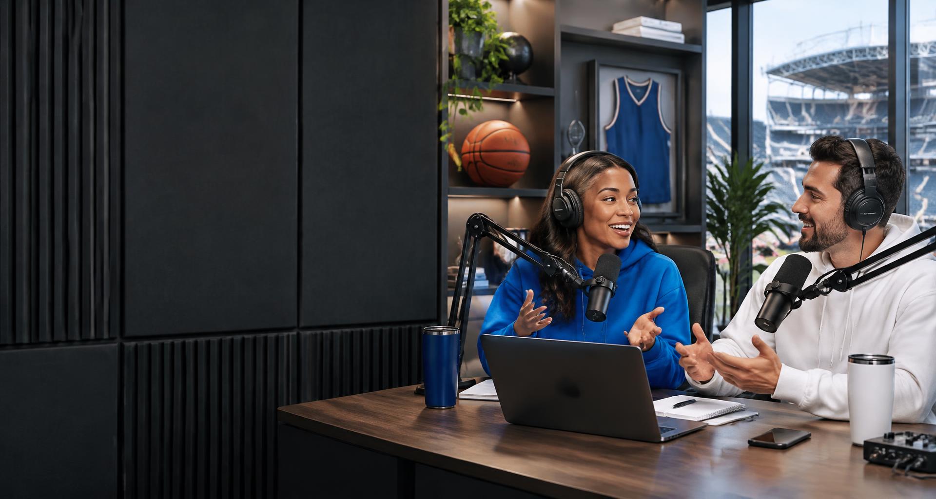 Two sports creators recording a lively podcast discussion