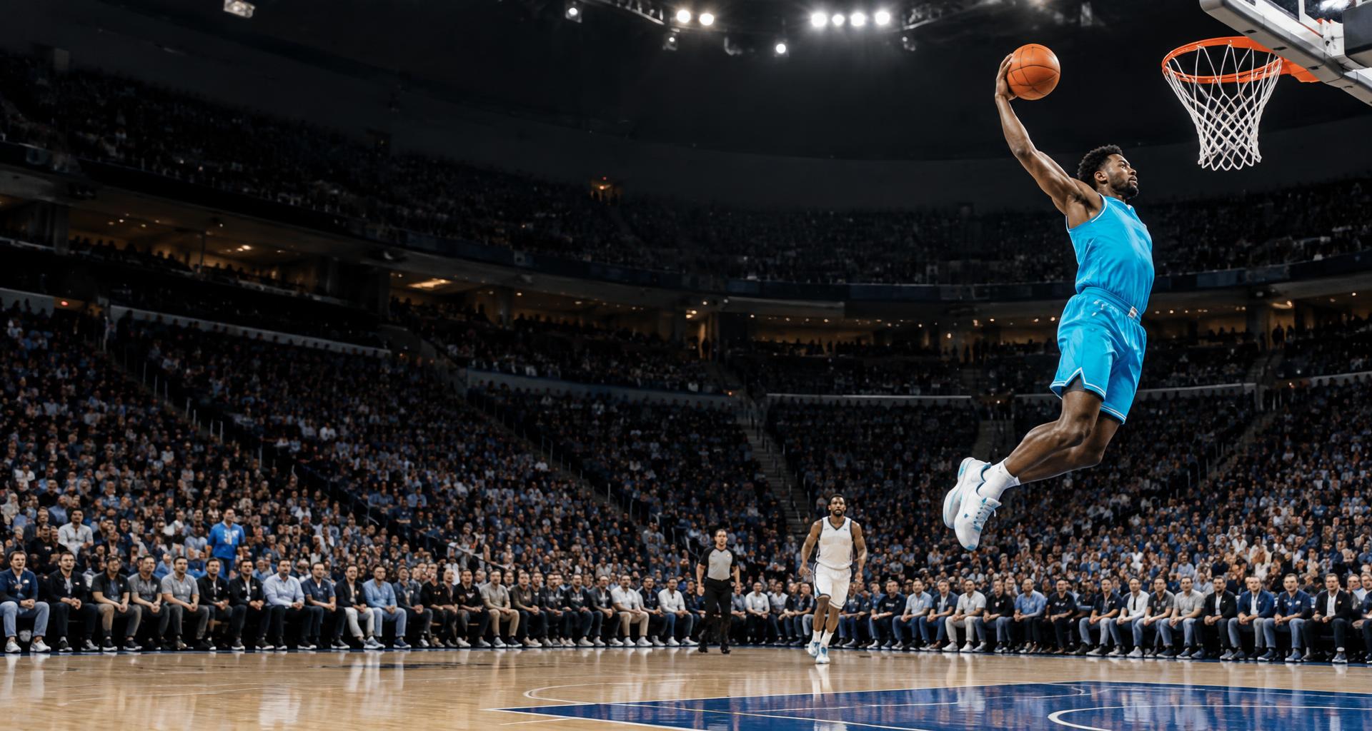 Basketball player soaring toward the rim in a packed arena